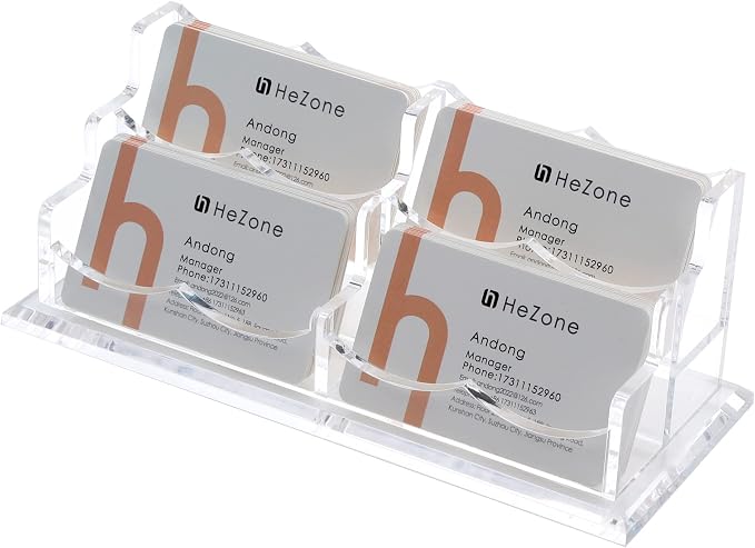 HeZone Business Card Holder Display for Desk, Cards Organizer Case for Women and Men 4 Slot 2 Tier, Clear Acrylic Business Card Stand Rack with 1 Pack (4 Grid-H)
