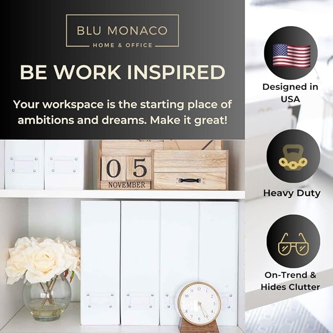 BLU MONACO Set of 6 Foldable White Magazine File Holders | Vertical Desk File Organizer Boxes With Leather Label Holders | Stylish Cardboard Magazine Storage for Shelves, Workspace and Home Office
