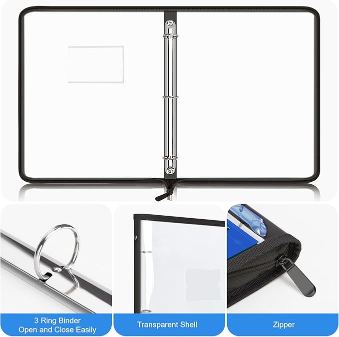 Uquelic Document Organizer, Soft PVC 3 Ring Binder with 12 Pockets | Colorful Zipper Binder with Dividers Letter Size, Large Capacity Cute Folder for School, Office & Home Use (Black)