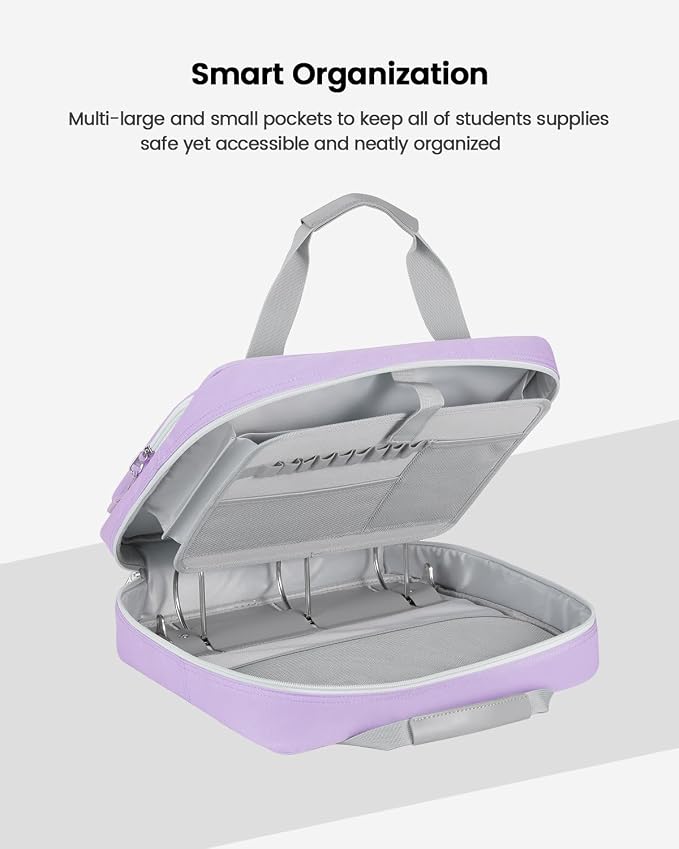 4 Inch Zipper Binder 3 Ring with Shoulder Strap,Tough/Multi-Pocket | Binder Bag with Laptop organizer for School Travel,Fit 13" MacBook & Tablet,800 Sheets Capacity,Water Resistant,Light Purple