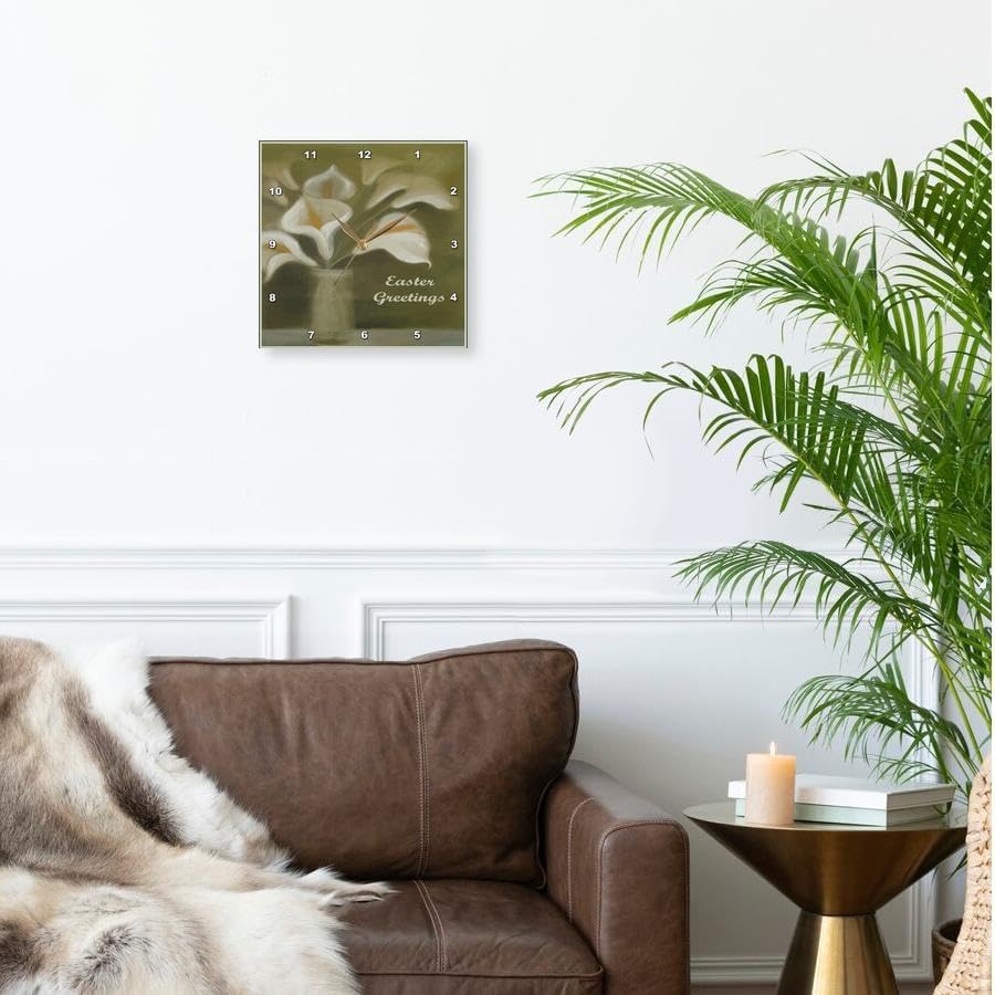3dRose Wall Clock Silent - 10 inch - Ten White Calla Lilies in a vase on sage Green with Easter Greeting - Acrylic Painting - Easter Greetings