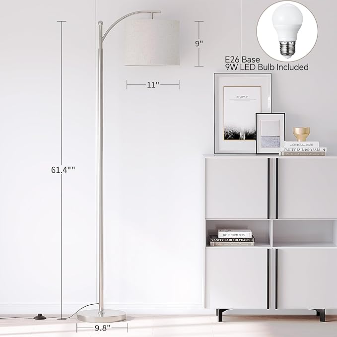 SUNMORY Arc Floor Lamp, Modern Floor Lamp with 9W 3 Color Temperatures Bulb | Metal Standing Lamps with Adjustable Hanging Lampshade,Tall Floor Lamps for Living Room,Bedroom, Office, Nickel
