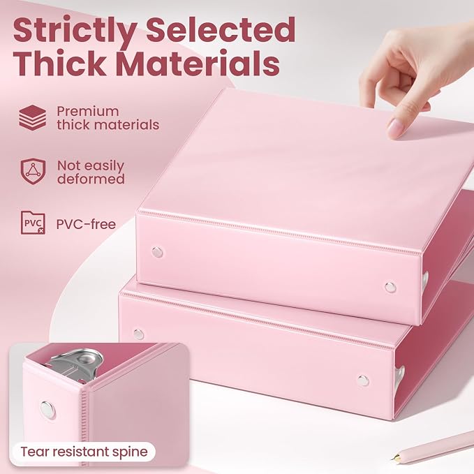 SUNEE 2 Inch Binders 3 Ring 6 Pack, Clear View Three Ring 2" Binders PVC-Free (Fit 8.5x11 Inches) for School or Office Supplies, Pink
