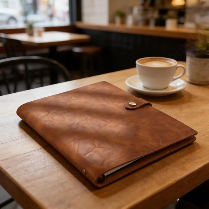 Refillable A5 Leather Binder Journal Soft Cover Notebook, Vintage Crinkled Leather Organizer with 6 Ring Binder, 148 Lined Loose Leaf Pages, Pen Holder, Pocket & Card Slots, for Work Study Daily, Brown