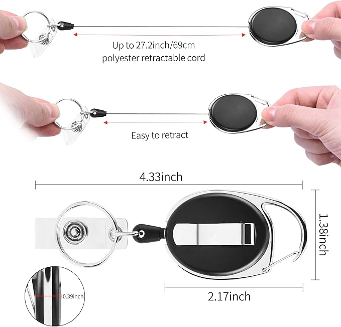 5 Pack ID Badge Holder,Badge Holder Retractable Clip with Carabiner Reel Clip and Key Ring for Men and Women
