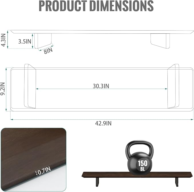 EXPERLAM Solid Wood Dual Monitor Stand Riser, 43 Inch Rubberwood Desk Shelf for Top of Desk, Wood Monitor Stand for Desk 2 Monitors up to 27", Desktop Organizer for Laptop, TV, Printer