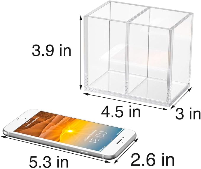 NIUBEE Acrylic Pen Holder 2 Compartments, Clear Pencil Organizer Cup for Countertop Desk Accessory Storage | Scratch-resistant thick acrylic with 2 slots for pens, pencils, makeup brushes, office, vanity and school use