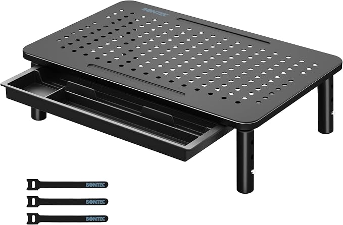 BONTEC 1 Pack Adjustable Monitor Stand Riser with Drawer, Supports 44lbs | Ergonomic Mesh Platform for Desk, Ventilated Laptop and PC Use with Cable Management for a Cooler, Organized Workspace