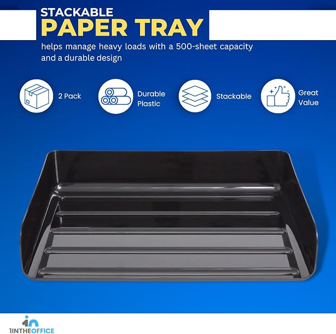 1inTheOffice Stackable Paper Tray, Legal Size Plastic Desk Tray Organizer, Side Load, Black (2 Pack)
