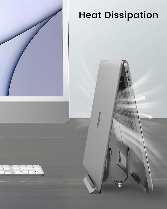 Vertical Laptop Stand for Desk, Gravity Auto Lock MacBook Stand, Aluminum Laptop Holder Vertical Compatible with MacBook Pro, Air, Tablet, Space-Saving Organize Work & Home Office, Gray