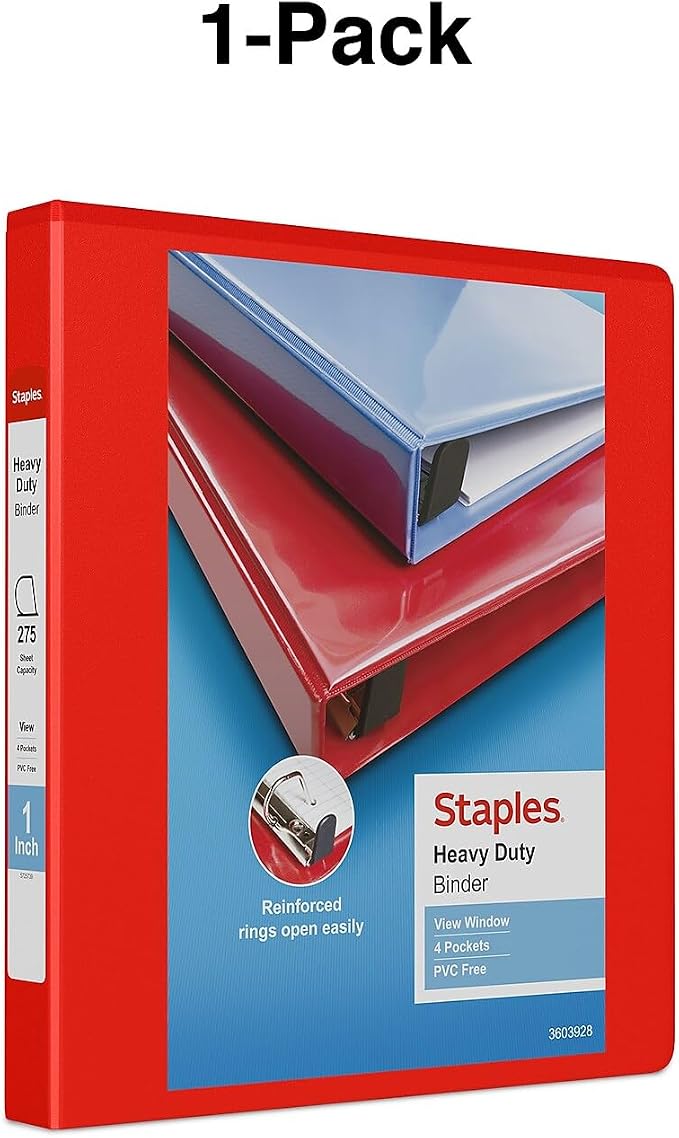 Staples Heavy-Duty 1-Inch D-Ring View Binder, Reinforced Spine, Holds Up to 275 Sheets, Red, for Office & School
