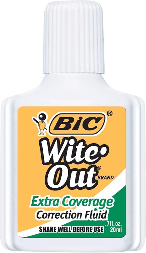 BIC Wite Out Extra Coverage Correction Fluid, 20 mL, White, 12-Count Pack