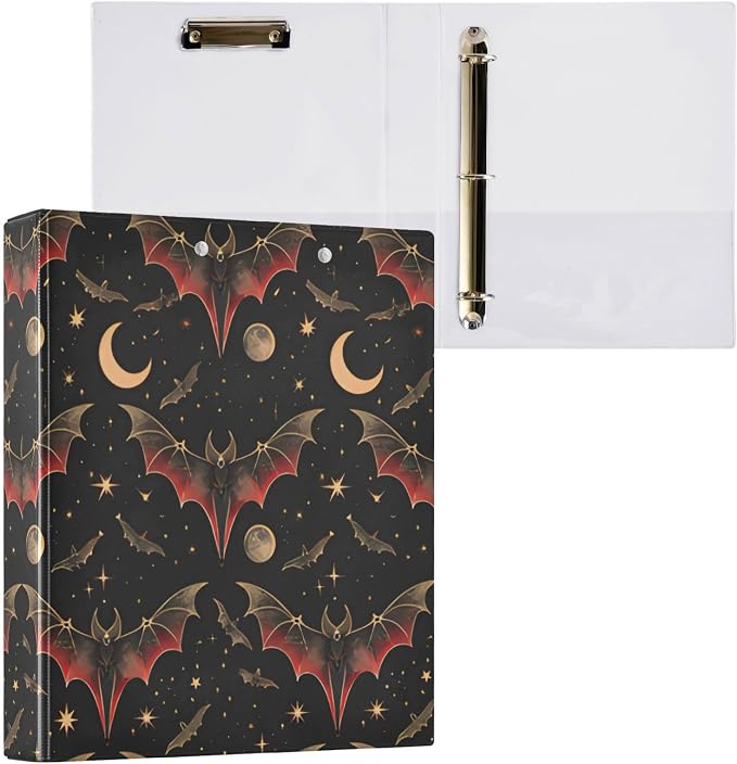 3 Ring Binder, Bat Crescent Star File Folder Holds 200 Sheets File Storage for Women Men School Office Supplie