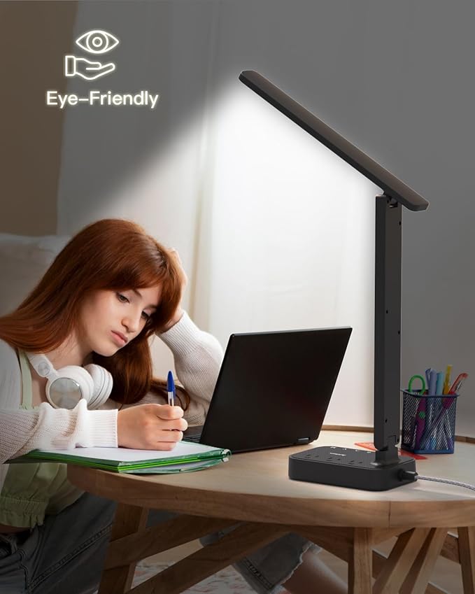Addtam LED Desk Lamp, Power Strip with 3 Outlets 4 USB Charging Ports(2 USBC), 4 Modes 5 Level Brightness Touch Lamp, Small Desk Lamp for Home Office College Dorm Room Essentials, 10 FT
