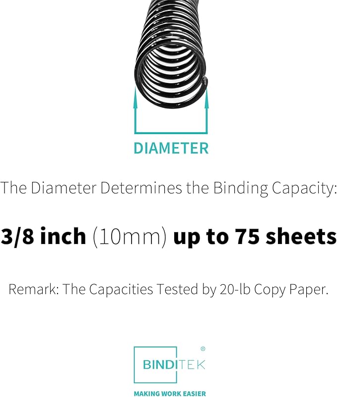 Binditek 50 Pack Plastic Spiral Binding Coils, 10mm(3/8"), 75 Sheet Capacity, 4:1 Pitch, Black, 48Loops, for Letter Size, for Students and Coworkers | Coil Binding Spines, 3/8", 75 Sheet Capacity, 48 Loops, for Letter-Size Reports, Presentations, Schoo...