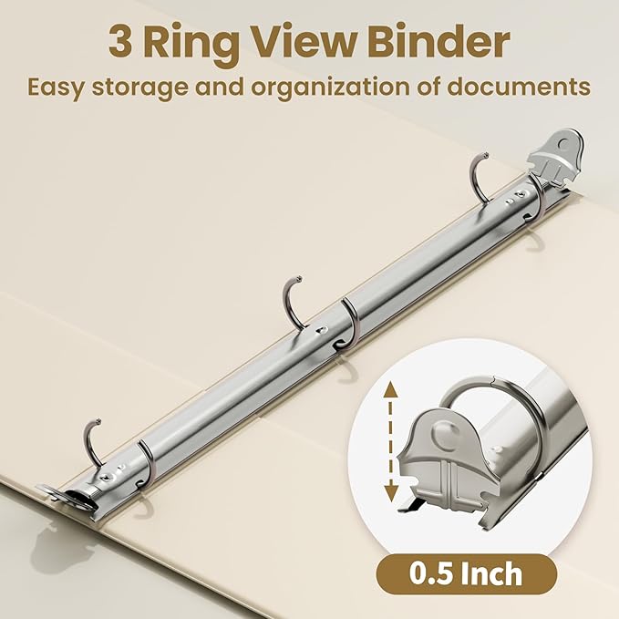 SUNEE 3 Ring Binder 1/2 Inch 4 Pack, Clear Half Inch View Binder Three Ring 0.5" PVC-Free (Fit 8.5x11 Inches) for School or Office Supplies, Neutral Aesthetic