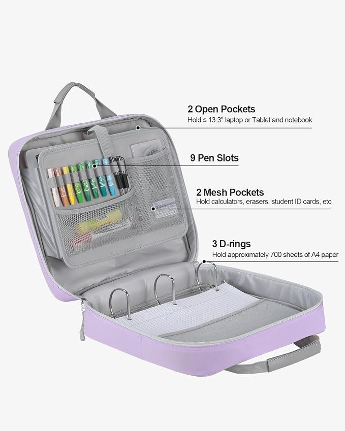 Zipper Binder 3 Inch 3 Ring with Shoulder Strap Multi-Pocket,Tough | Binder Bag with Laptop organizer for School Travel,Fit 13" MacBook & Tablet,700 Sheets Capacity,Water Resistant,Light Purple