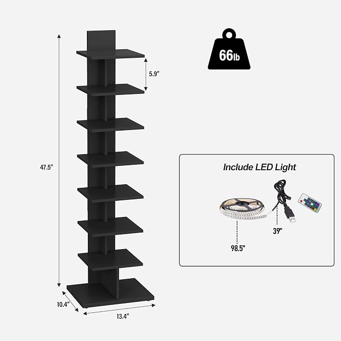 TUTOTAK Book Shelf, Narrow Spine Bookshelf, 8-Tier Bookcase with LED Lights | 10.4 x 13.4 x 47.5 Inches Vertical Freestanding Corner Shelf for Living Room, Office, Small Space, Black BS06BK008L