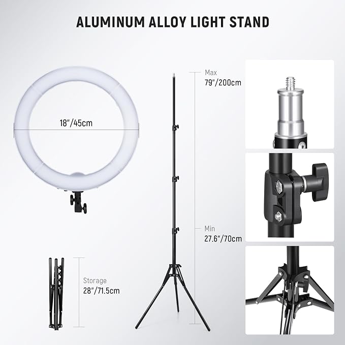 NEEWER 55W 18"/45cm Ring Light Kit [New Version], with Tripod Stand, RL-18 | 5600K Dimmable LED Ringlight, Phone Holder for iPhone, Lighting for Selfie Makeup Lash Tattoo Studio Photo Video Recording
