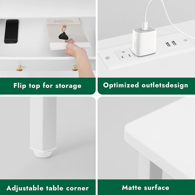 27" LED Nightstand Set 2 with Charging Station, 2 Drawers, White | RGB App Control, 2 AC Outlets & 2 USB Ports, Open Storage, Adjustable Feet, Wood Tall Nightstand for Bedroom or Office