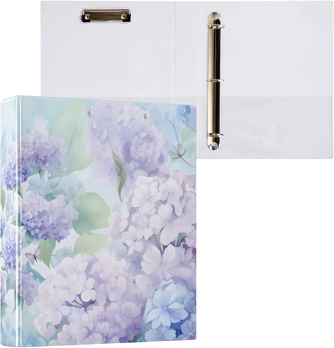 Purple Hydrangea Flower Butterfly 3 Ring Binder with 2 Interior Pockets 1.5 inch Binders 3 Ring Heavy Duty Fit 8.5" x 11" Letter Size for Office School, 2 Pack