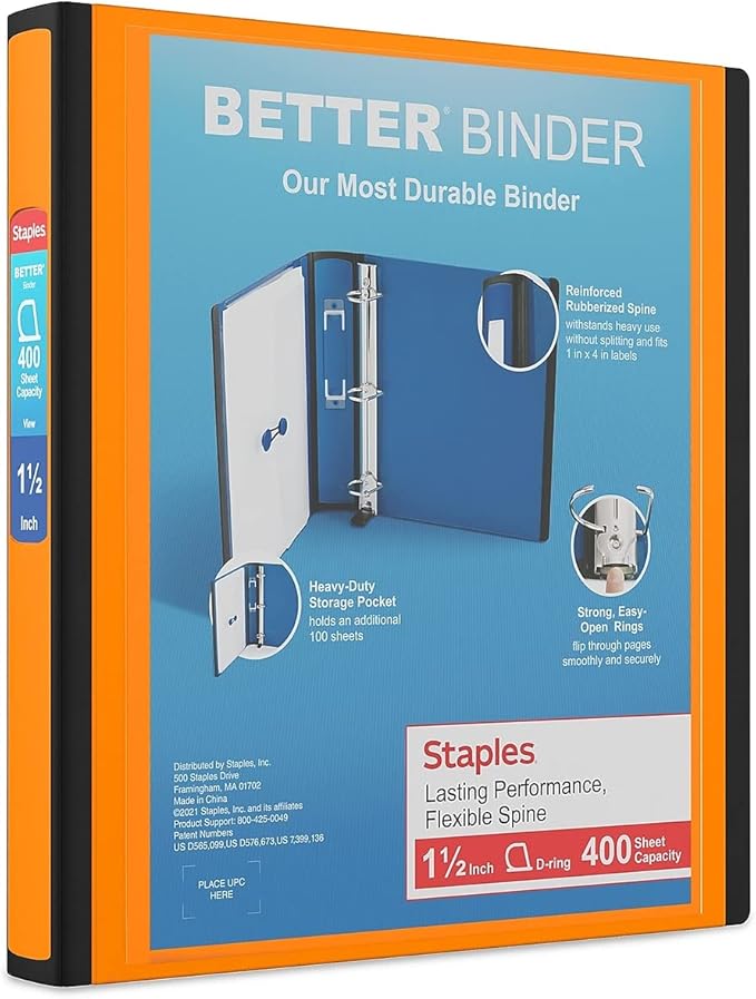 Staples Better Binder, 1.5-Inch D-Ring View, Orange, 350 Sheets | Reinforced spine for durable everyday use in office and school settings.