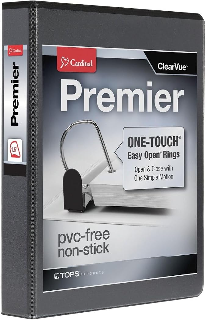 Cardinal 3 Ring Binder, 1.5 Inch Premier Easy Open Binder, ONE-TOUCH Locking Slant-D Rings, 400-Sheet Capacity, ClearVue Cover, PVC-Free, Black (10311)