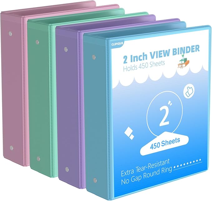 2 inch Binder 3 Ring, 4 Pack View Binder with 2 Pockets,PVC-Free,Customizable Clear View Cover for 8.5 x 11'' Letter Size Papers，Holds 450 Sheets, Round Ring