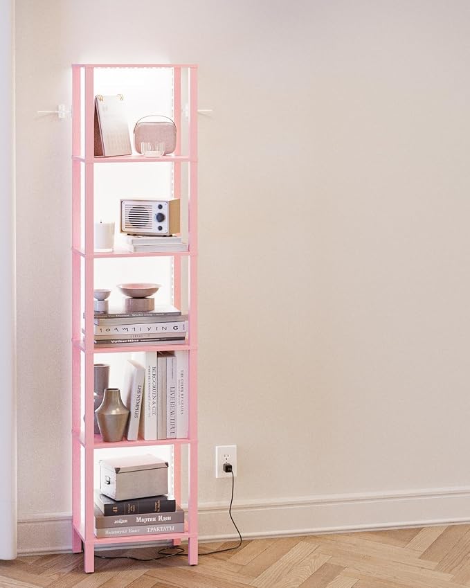 Open Book Shelf with LED Lights, 6 Tier Tall Bookshelf, Freestanding Shelf Narrow Bookcase with Open Shelves, 14.57" x 10.63" x 65.83", Book Shelves for Living Room, Office, Study, Pink