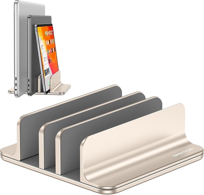 OMOTON 3-Slot Multiple Vertical Laptop Stand, Fits MacBook, Starlight | Adjustable Width 0-1.38", Aluminum Office Space-Saving for Desk, Fits MacBook/Book/iPad Up to 17.3in