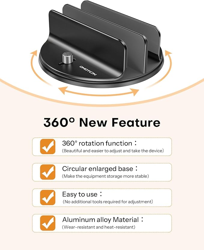 OMOTON 360° Vertical Laptop Stand Holder, Dual-Slot Aluminum Desk Organizer | Sides Knob Adjustment (No Lost Screws), Fits MacBook, iPad, Phones, and Tablets, Non-slip silicone, up to 17.3"