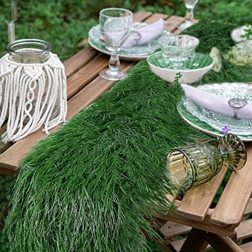 XLX TURF 13" x 108" Shaggy Fake Grass Table Runner for Hawaiian Party Summer Decor, Fireproof Green Thatch Palm for Wedding, Jungle Safari Wild One Birthday, Baby Shower