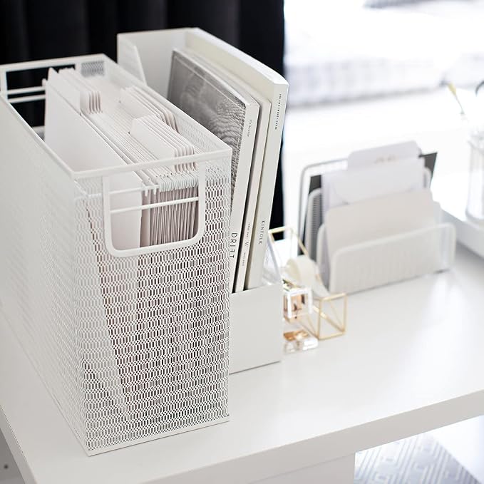 BLU MONACO | White Desk Organizer Set | 5 Piece Metal Office Desk Organizer with Hanging File Holder, Magazine Organizer, Pen Cup, Sticky Note Holder, Mail Sorter | Desk Organizers and Accessories
