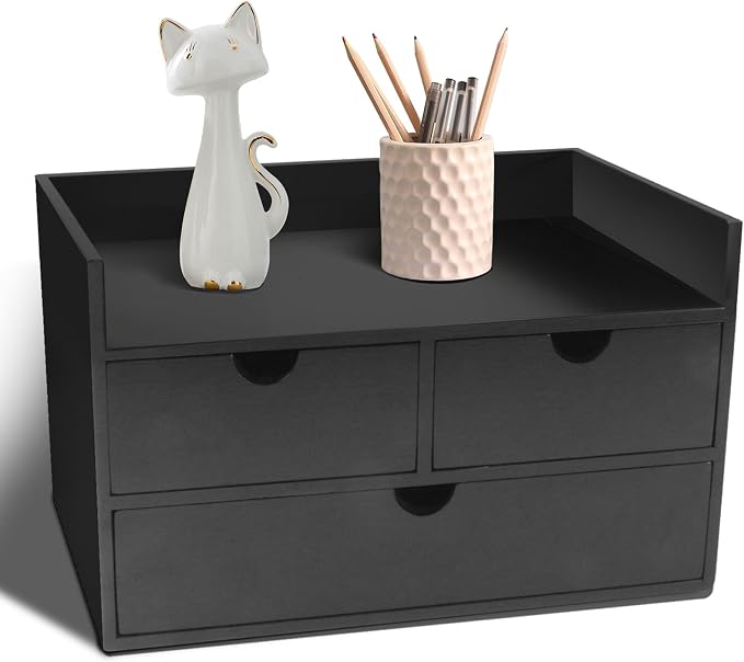 Charmewooden Bamboo Desk Organizer 3 Drawer with Shelf, Countertop Organizer with Drawers Makeup Storage Drawer 3 Drawers Tabletop Storage Organization Box Home Office Workspace（Black）