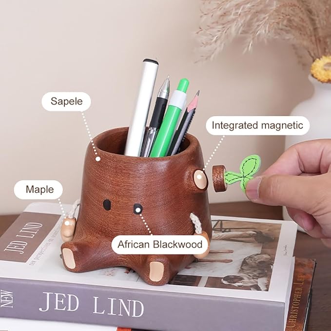 Stump Pen Holder – Cute Wooden Desk Organizer, Fairy Tale Tree Stump Pencil Cup for Stationery, Makeup Brushes, Dried Flowers, Solid Wood Desktop Decor Gift