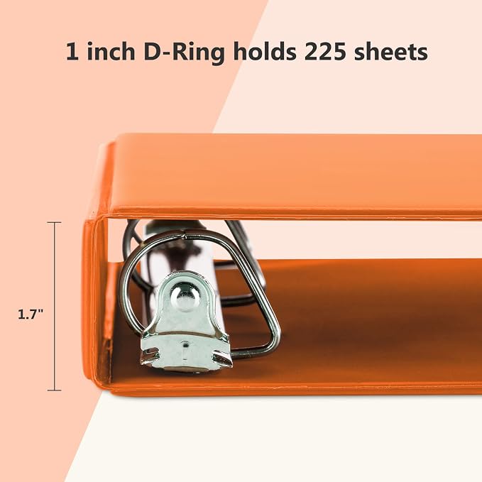 ViVin Sturdy 1 Inch D Ring Binders with 2 Pockets, 6 Pack, Orange | 3 Ring Binders with Clear View Cover, Hold 225 Sheets of US Letter Size Paper, PVC-Free for Office, Home, School