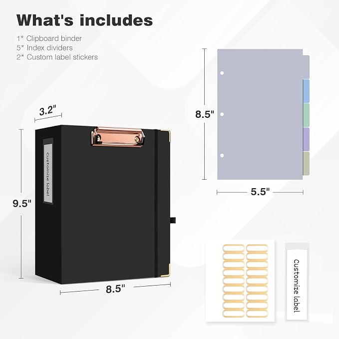 Ospelelf Mini 3 Ring Binder 2 Inch With 5 Tab Dividers, File Folder Labels and Low Profile Clipboards - Cute Black for 5.5" x 8.5" School and Office Supplies