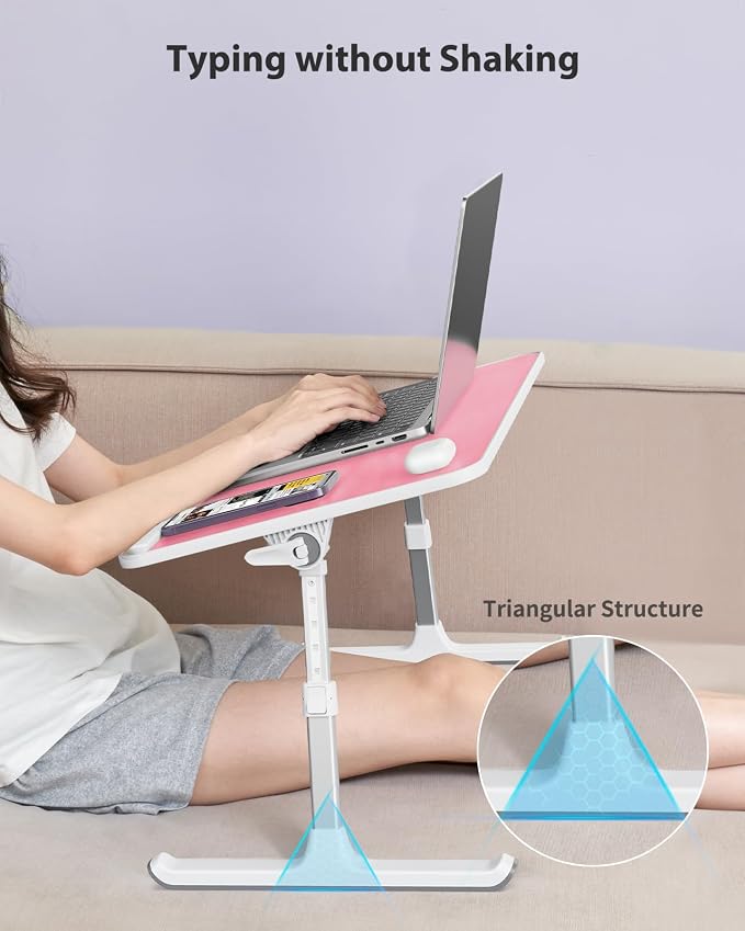 SAIJI Height & Angle Adjustable Laptop Stand for Bed, Lap Desk Tray Table | Light Weight Foldable Portable Laptop Table for Couch Sofa Chair Floor Desk for Adults, Kids (Pink)
