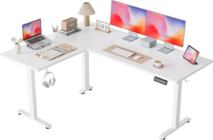 Agilestic L Shaped Standing Desk 63 inch Adjustable Height, Electric Corner Standing Desk, Sit Stand Computer Table with Splice Board, White | Corner Desk, Ample Workspace, Memory Presets, Hooks, Stable Steel Frame,176 lbs Capacity, Easy Assembly, Spli...