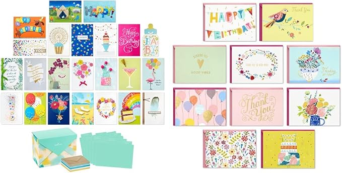 Hallmark Pack of 24 Handmade Assorted Boxed Greeting Cards, Watercolor & Pack of 30 Assorted Boxed Greeting Cards, Good Vibes—Birthday, Thinking of You, Thank You, Blank Cards