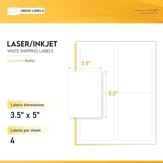 HOUSELABELS 4-up Shipping Labels (3-1/2" x 5") for Laser and Inkjet Printers, 700 Sheets