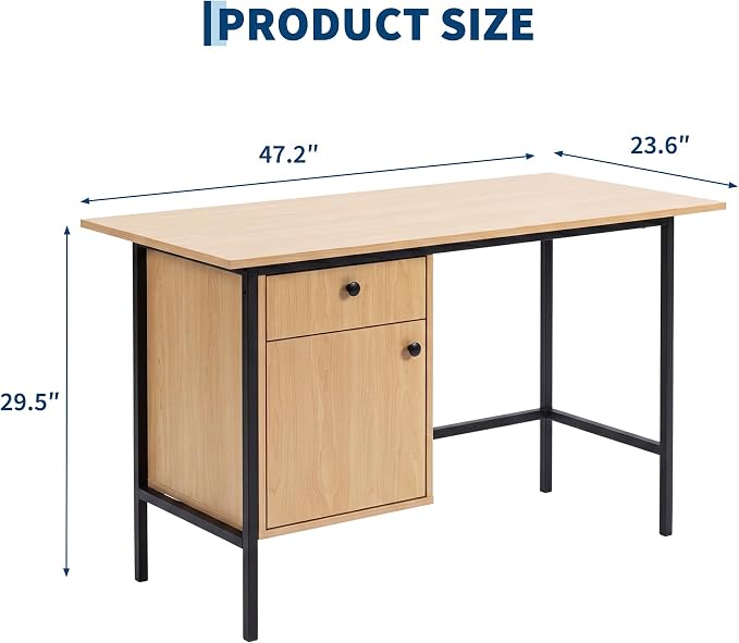 Garvee 47" Home Office Computer Desk with Drawer and Cabinet Storage | Simple Modern Desk for Bedroom, Home Office, Study, Writing, Study Table with Cabinet, Natural Oak+Black