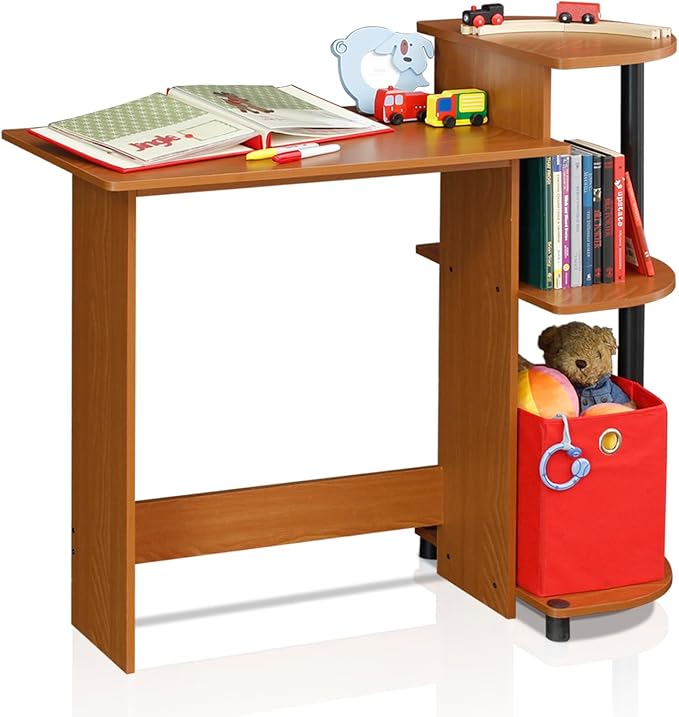 Furinno Compact Computer Desk with Shelves, Round Side, Light Cherry/Black