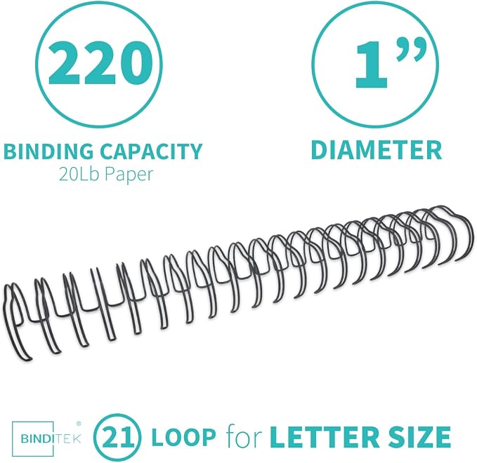 Binditek 50 Pack Double Loop Wire Binding Spines, 1Inch Binding Wire for Letter Size, 2:1 Pitch, 220 Sheet Capacity, 21-Loop, Black, for Students and Coworkers | Wire Binding Spines for Letter Size, 21-Loop, 220 Sheet Capacity, for Reports, Manuals and...