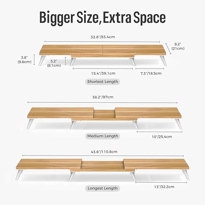 loukin Dual Monitor Stand Riser for Desk, 43.6"*8.2"*3.2" Large Computer Stand for 2 Monitors, Laptop, Printer, Length and Angle Adjustable Computer Shelf, Home Office,Max 43.6" Length Natural