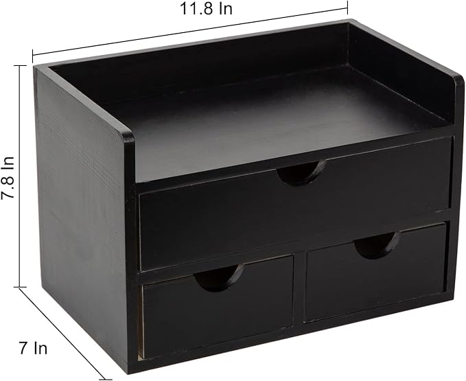 Black Bamboo Desk Organizer Wooden Storage Cabinet 3 Drawers with Shelf Tabletop Organization Box Home Office Workspace Bathroom Toiletries Supplies Caddy Vanity Makeup Stationery Holder