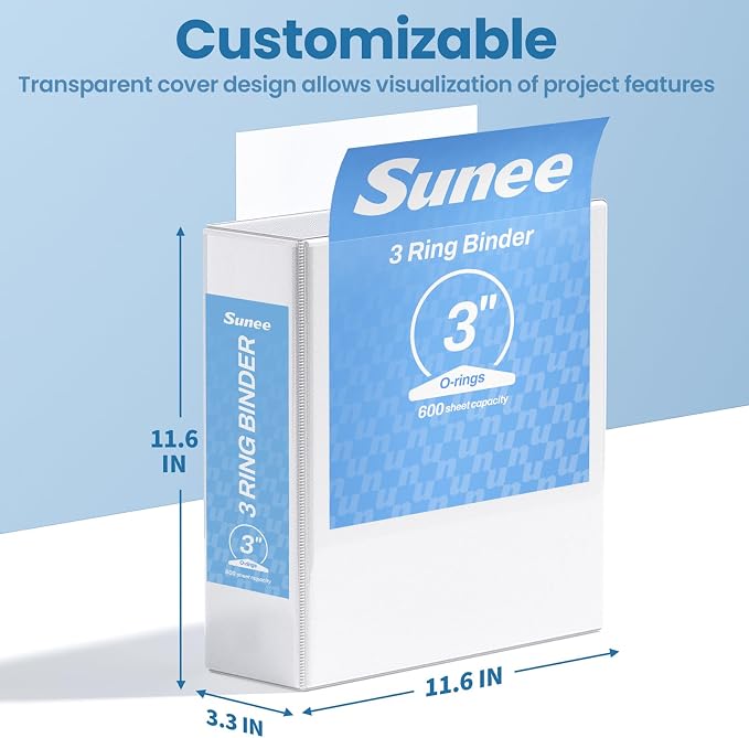 SUNEE 3 Inch Binders 3 Ring 4 Pack, PVC-Free Clear View Large Binders 3" (Fits 8.5x11 Inches) for School, Office & Home Use, White