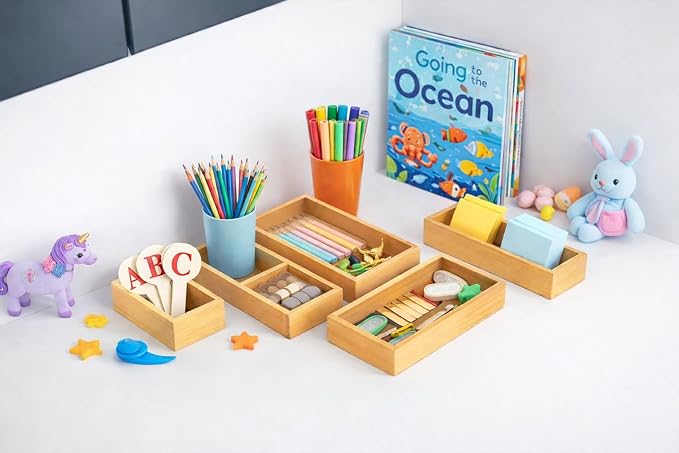 5-Piece Bamboo Drawer Organizer Set – Versatile Storage Trays for Kitchen, Bathroom, Office, Makeup, Jewelry & More – Drawer Dividers, Utensil Organizer & Storage Bin Set (5 Pieces)