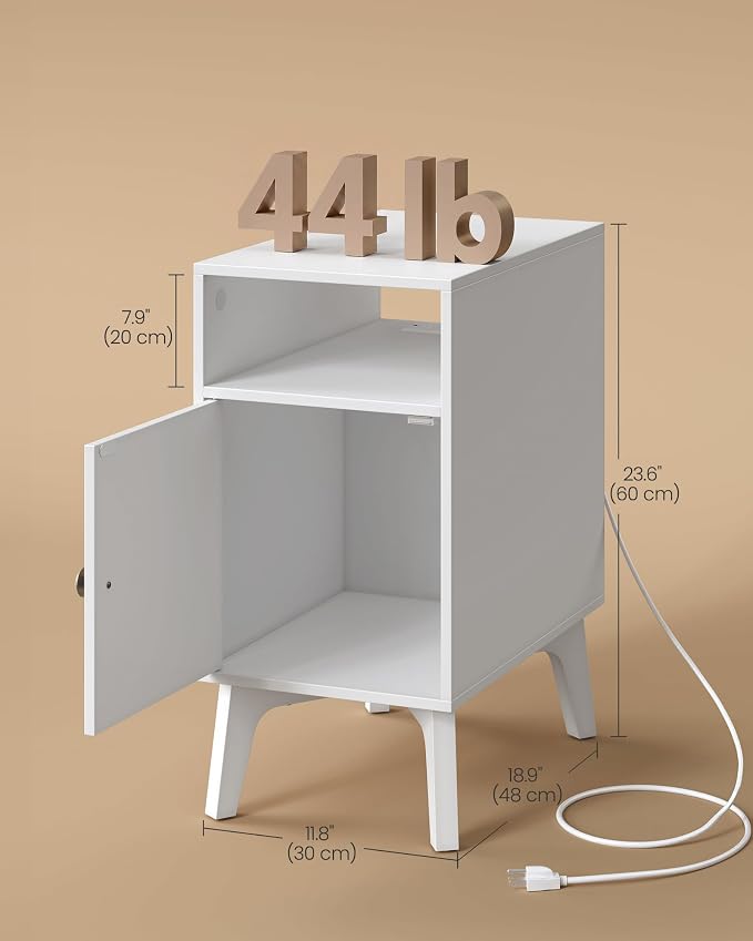 VASAGLE End Table with Charging Station, Narrow Side Table, Nightstand | Tapered Legs, Curved Transitions, for Small Spaces, Living Room, Bedroom, Cloud White, MAEZO Collection ULET329W101S