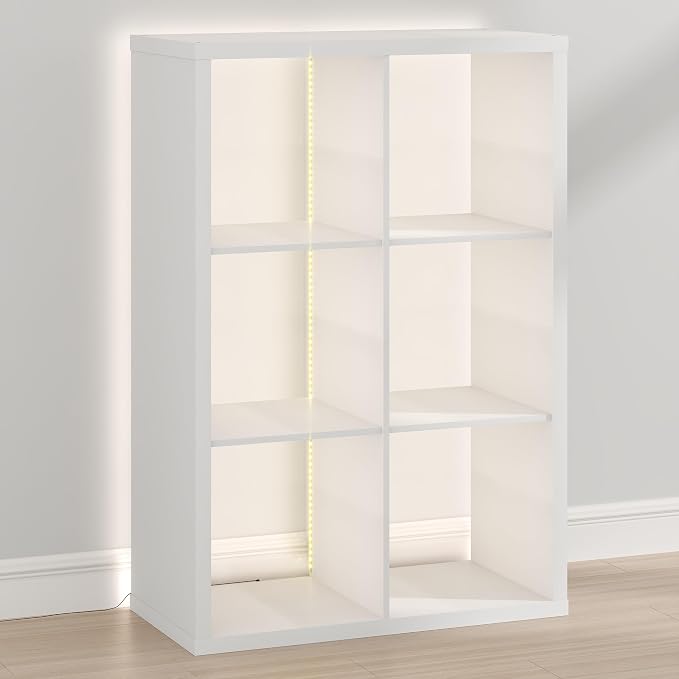 Furinno Cubicle Book Shelf with LED Lights, 6-Cube Bookshelf, Reversible Extra Thick Frame Bookcase, Display Storage Shelves, for Living Room, Bedroom, Home Office, White
